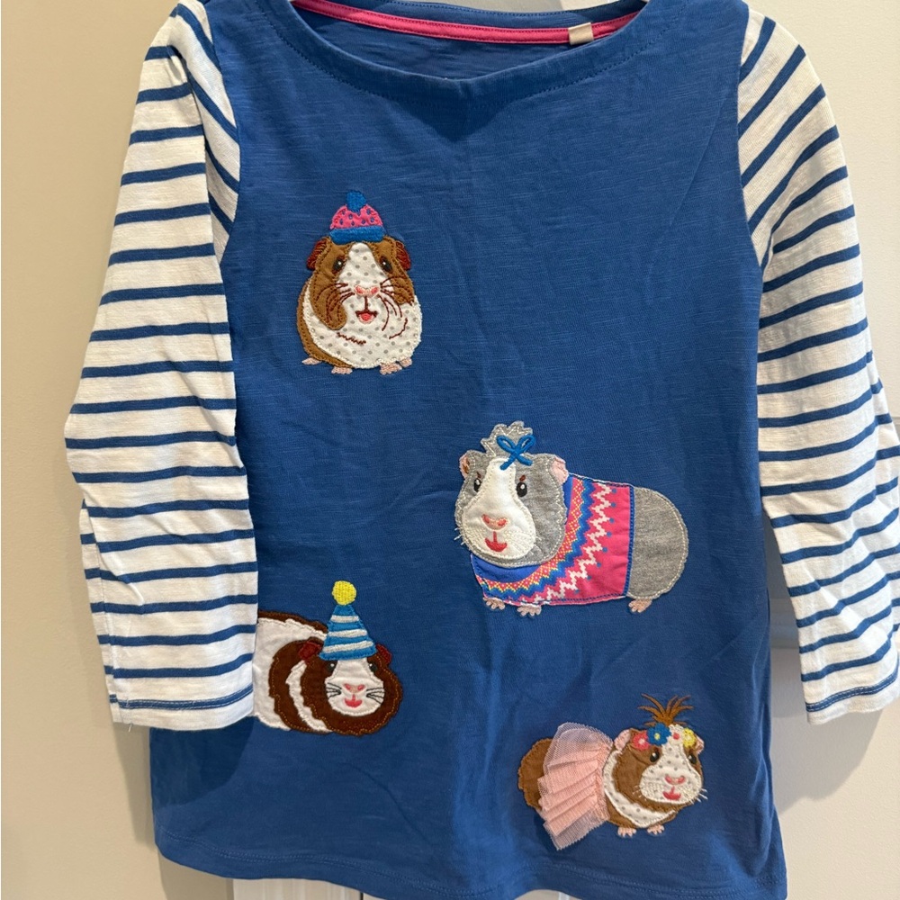 Mini Boden Blue and White Long Sleeve Tee with Party Guinea Pig Appliqués